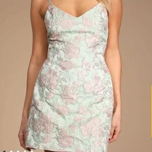 Lulus Pastel Green and Pink Floral Jacquard Mini Dress with Pockets